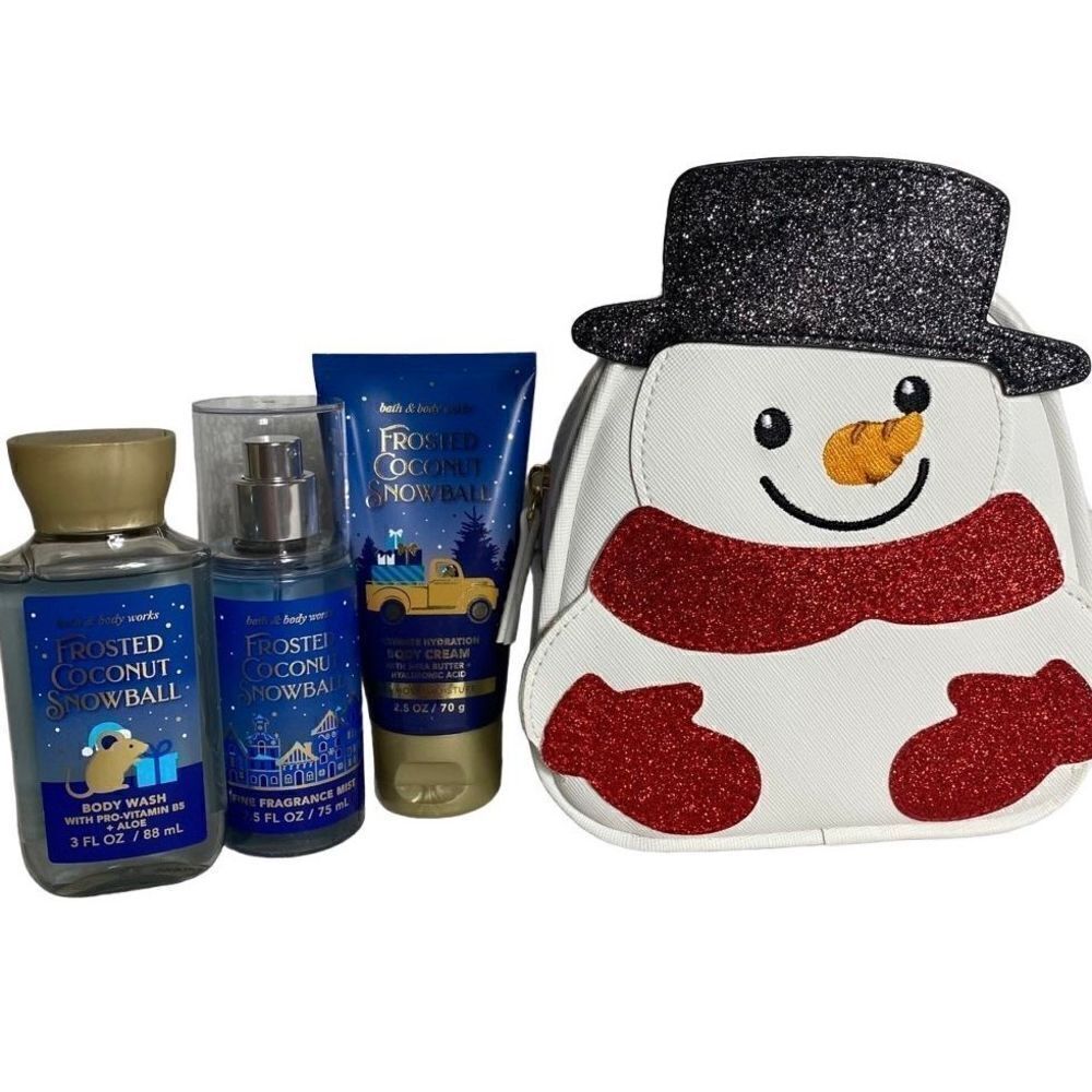 Bath and Body Works SNOWMAN COSMETIC BAG and FROSTED COCONUT SNOWBALL Travel 4 P